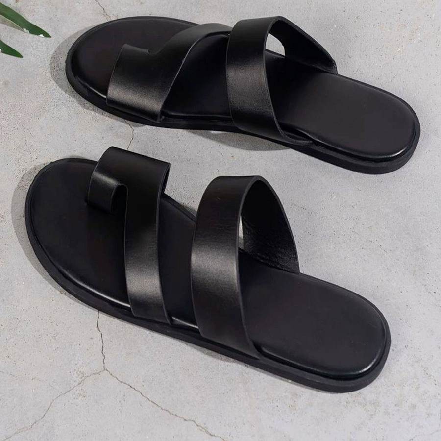 Black Leather Slides